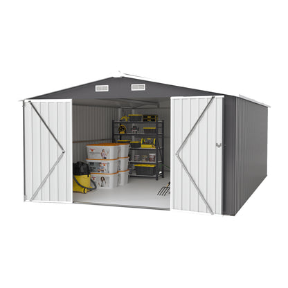 Campcraft Outdoor Storage Shed 10×14 FT with 3 Lockable Doors,4 Air Vents & Sloped Roof,Utility Tool Shed Metal Storage Garden Sheds Frame and 4 Vents,for Backyard,Patio,Lawn,dark Grey