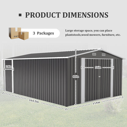 Campcraft Outdoor Storage Shed 10×14 FT with 3 Lockable Doors,4 Air Vents & Sloped Roof,Utility Tool Shed Metal Storage Garden Sheds Frame and 4 Vents,for Backyard,Patio,Lawn,dark Grey