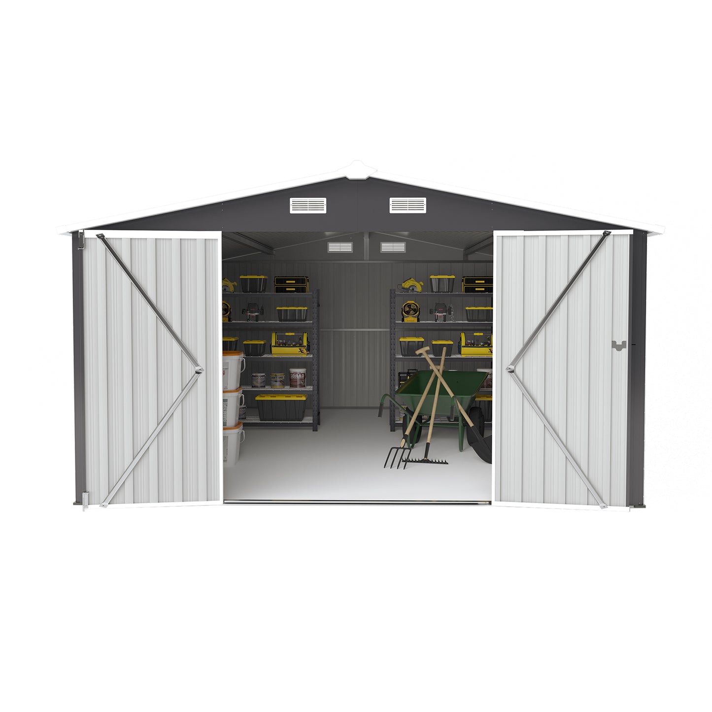 Campcraft Outdoor Storage Shed 10×14 FT with 3 Lockable Doors,4 Air Vents & Sloped Roof,Utility Tool Shed Metal Storage Garden Sheds Frame and 4 Vents,for Backyard,Patio,Lawn,dark Grey