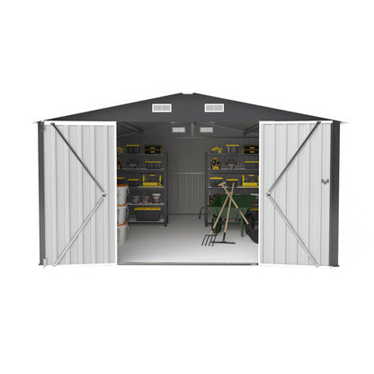 Campcraft Outdoor Storage Shed 10×14 FT with 3 Lockable Doors,4 Air Vents & Sloped Roof,Utility Tool Shed Metal Storage Garden Sheds Frame and 4 Vents,for Backyard,Patio,Lawn,dark Grey