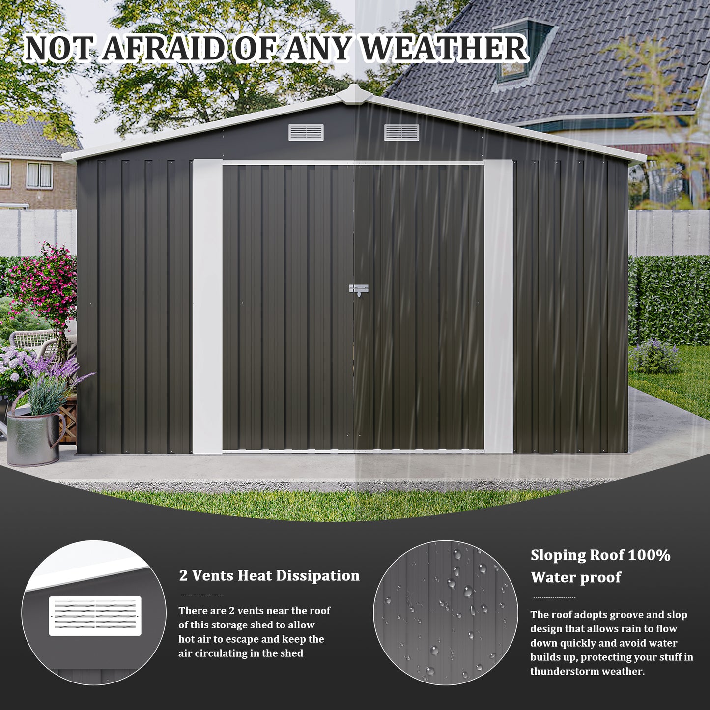 Campcraft Outdoor Storage Shed 10×14 FT with 3 Lockable Doors,4 Air Vents & Sloped Roof,Utility Tool Shed Metal Storage Garden Sheds Frame and 4 Vents,for Backyard,Patio,Lawn,dark Grey