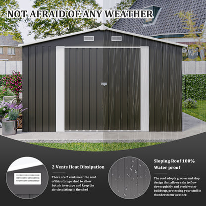 Campcraft Outdoor Storage Shed 10×14 FT with 3 Lockable Doors,4 Air Vents & Sloped Roof,Utility Tool Shed Metal Storage Garden Sheds Frame and 4 Vents,for Backyard,Patio,Lawn,dark Grey