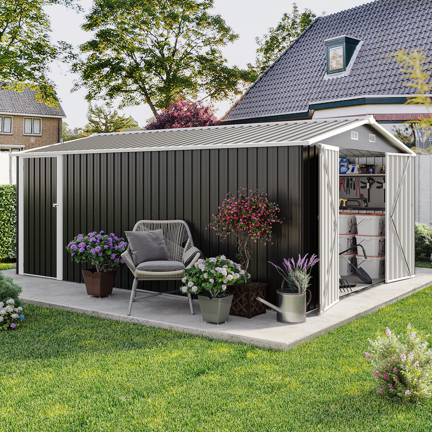 Campcraft Outdoor Storage Shed 10×14 FT with 3 Lockable Doors,4 Air Vents & Sloped Roof,Utility Tool Shed Metal Storage Garden Sheds Frame and 4 Vents,for Backyard,Patio,Lawn,dark Grey