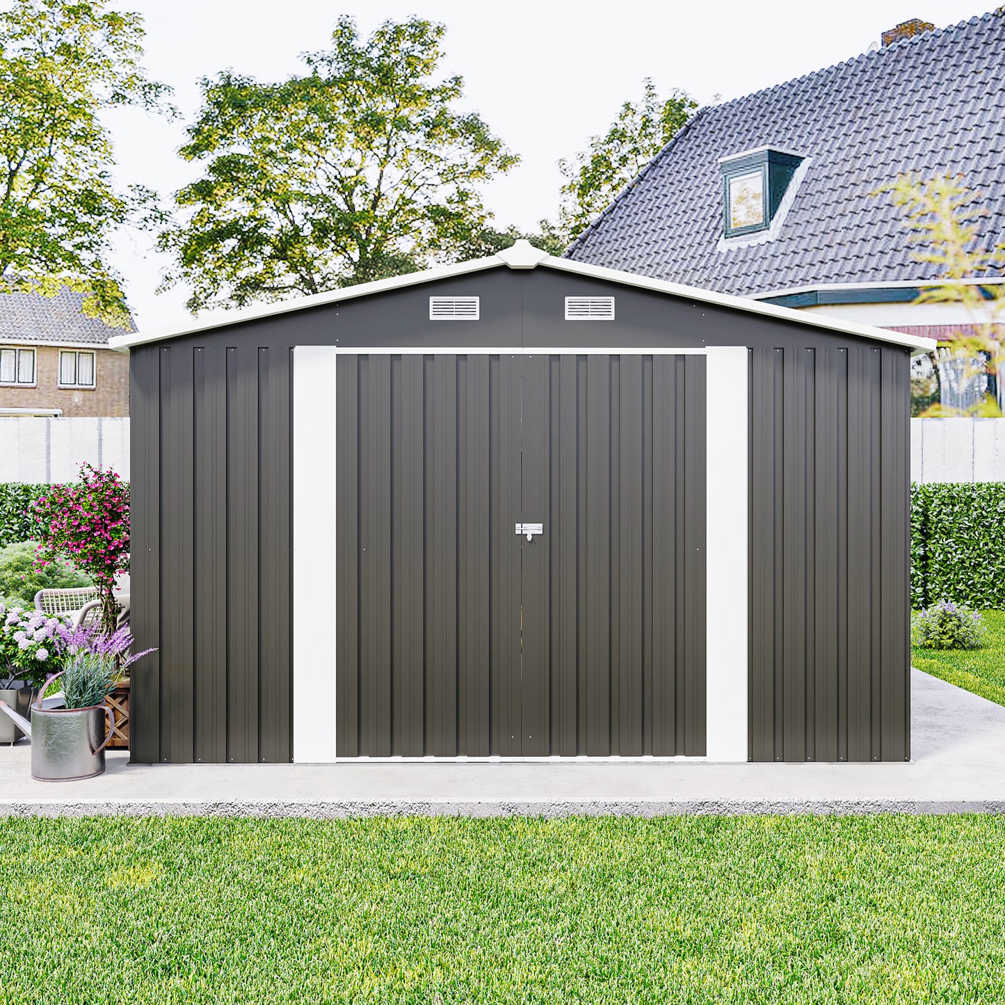 Campcraft Outdoor Storage Shed 10×14 FT with 3 Lockable Doors,4 Air Vents & Sloped Roof,Utility Tool Shed Metal Storage Garden Sheds Frame and 4 Vents,for Backyard,Patio,Lawn,dark Grey