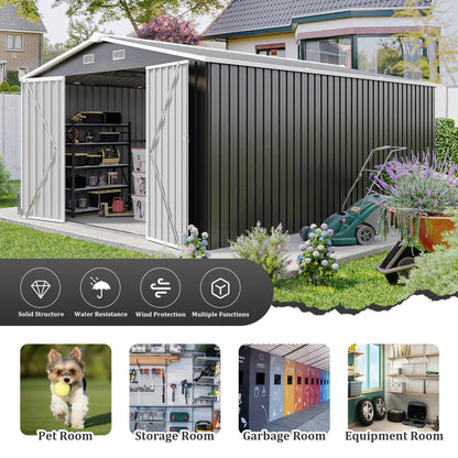 Campcraft Outdoor Storage Shed 10×14 FT with 3 Lockable Doors,4 Air Vents & Sloped Roof,Utility Tool Shed Metal Storage Garden Sheds Frame and 4 Vents,for Backyard,Patio,Lawn,dark Grey