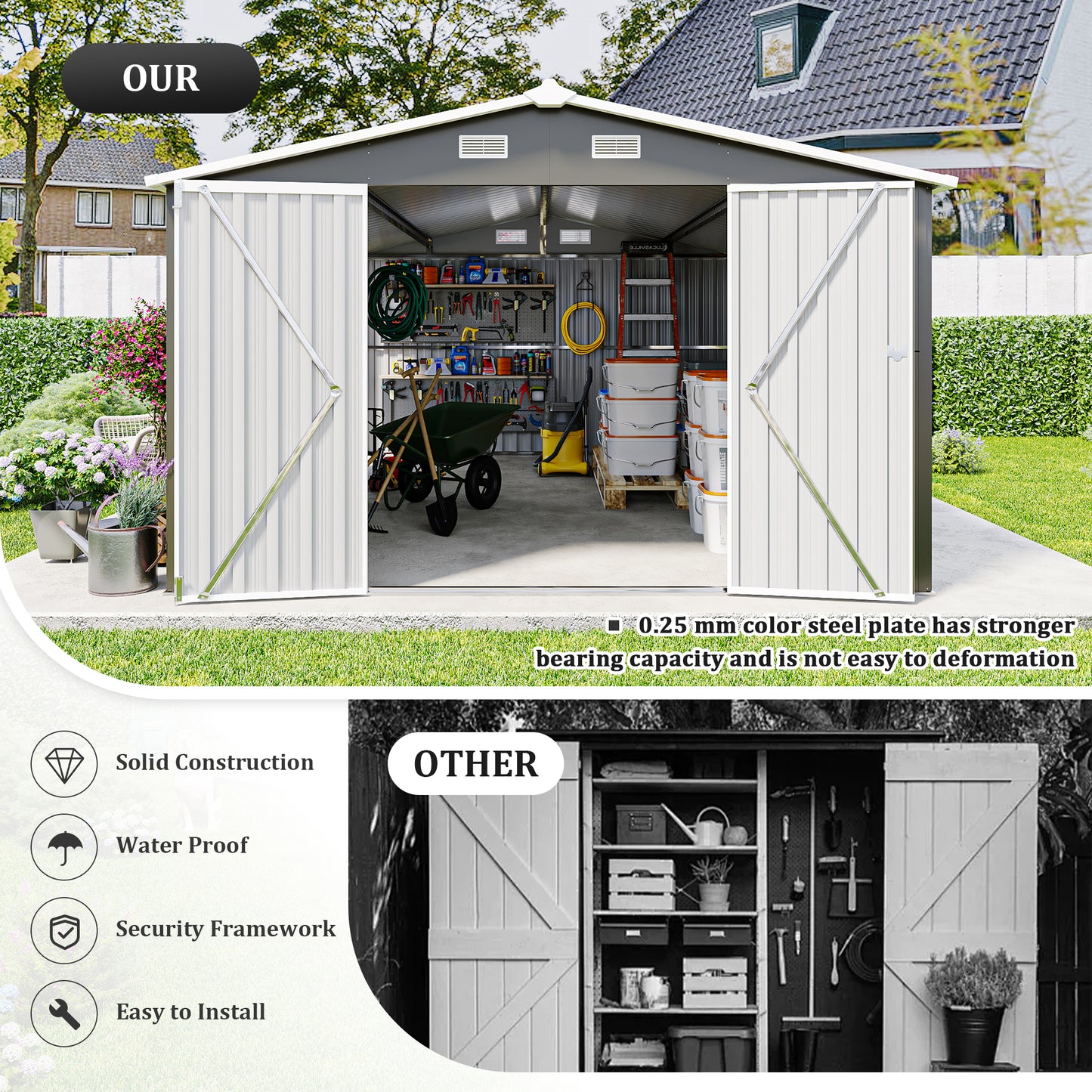 Campcraft Outdoor Storage Shed 10×14 FT with 3 Lockable Doors,4 Air Vents & Sloped Roof,Utility Tool Shed Metal Storage Garden Sheds Frame and 4 Vents,for Backyard,Patio,Lawn,dark Grey