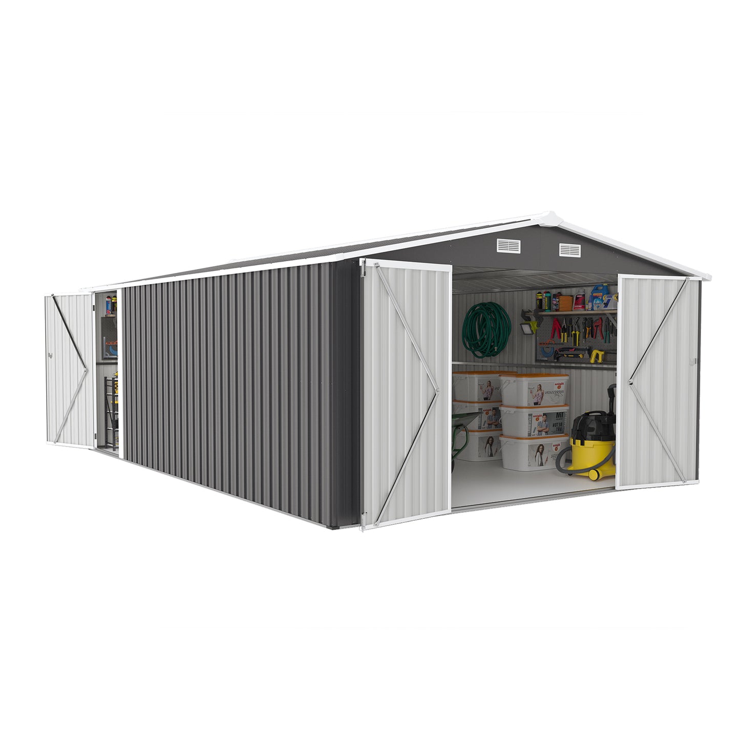 Campcraft Outdoor Storage Shed 10×14 FT with 3 Lockable Doors,4 Air Vents & Sloped Roof,Utility Tool Shed Metal Storage Garden Sheds Frame and 4 Vents,for Backyard,Patio,Lawn,dark Grey