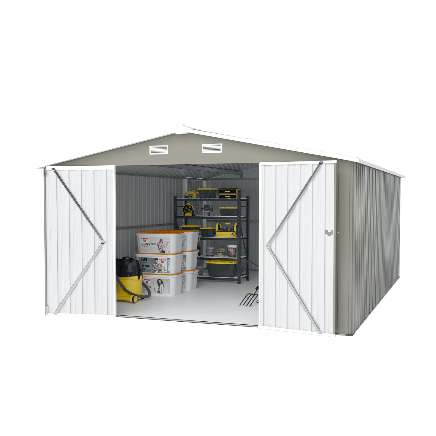 Outdoor Storage Shed 10×14 FT with 3 Lockable Doors,4 Air Vents & Sloped Roof,Utility Tool Shed Metal Storage Garden Sheds Frame and 4 Vents,for Backyard,Patio,Lawn,Light Grey