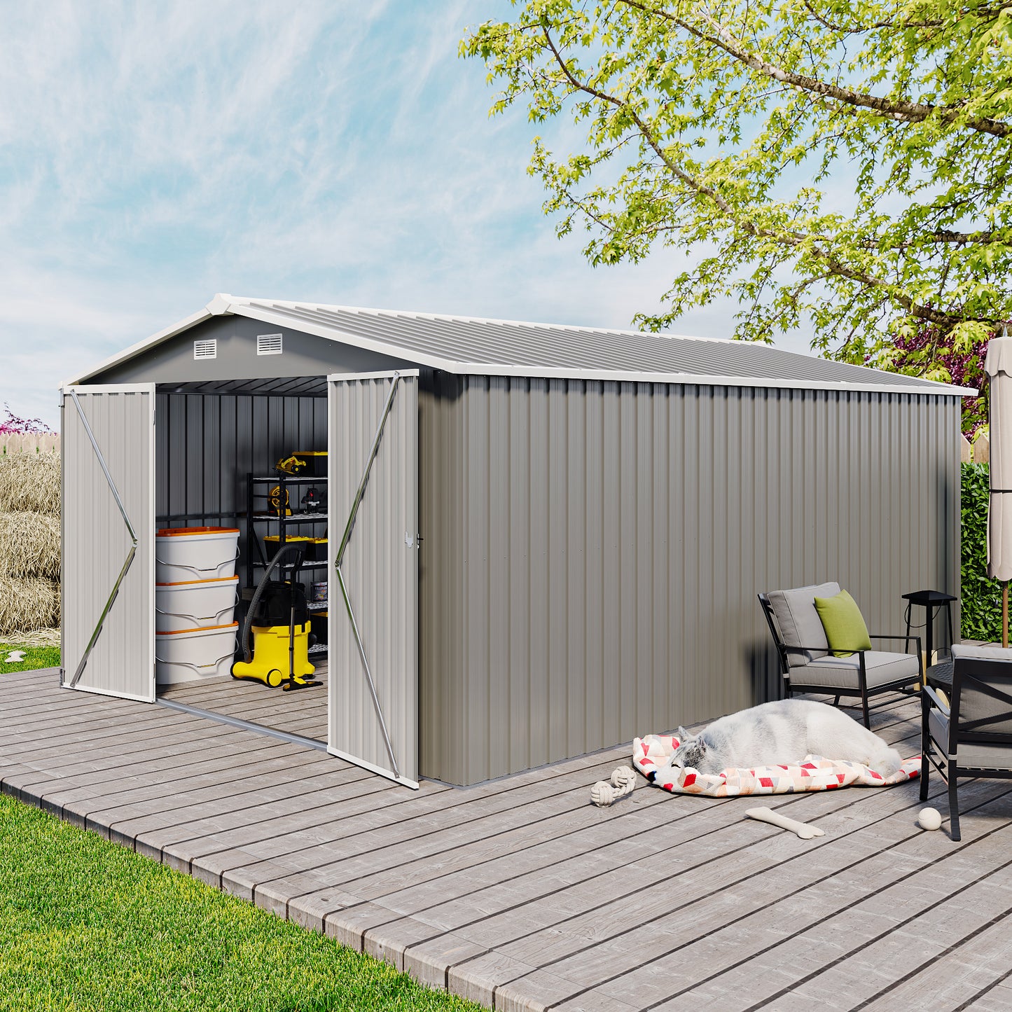 Outdoor Storage Shed 10×14 FT with 3 Lockable Doors,4 Air Vents & Sloped Roof,Utility Tool Shed Metal Storage Garden Sheds Frame and 4 Vents,for Backyard,Patio,Lawn,Light Grey