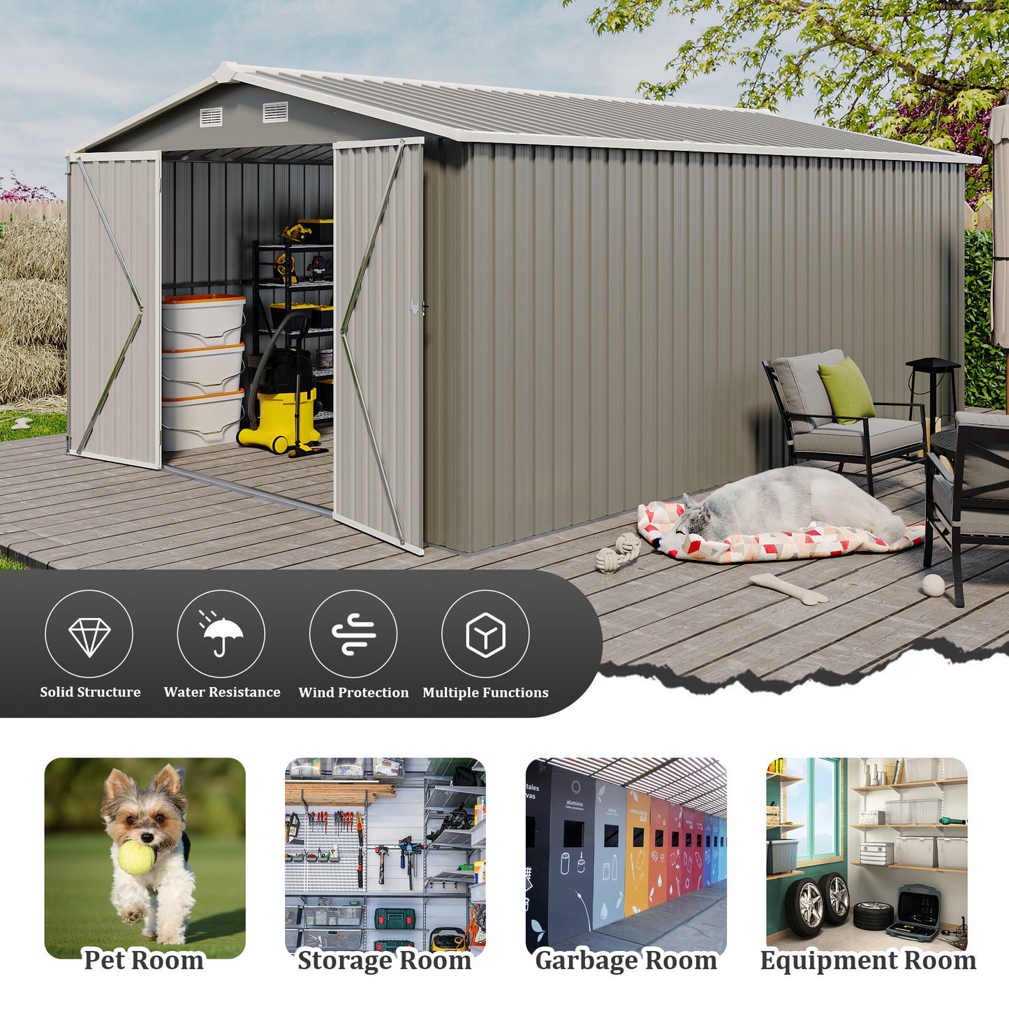 Outdoor Storage Shed 10×14 FT with 3 Lockable Doors,4 Air Vents & Sloped Roof,Utility Tool Shed Metal Storage Garden Sheds Frame and 4 Vents,for Backyard,Patio,Lawn,Light Grey