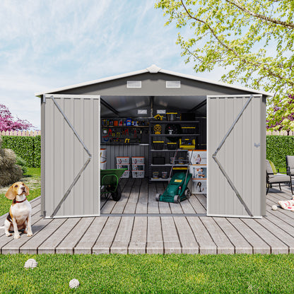 Outdoor Storage Shed 10×14 FT with 3 Lockable Doors,4 Air Vents & Sloped Roof,Utility Tool Shed Metal Storage Garden Sheds Frame and 4 Vents,for Backyard,Patio,Lawn,Light Grey