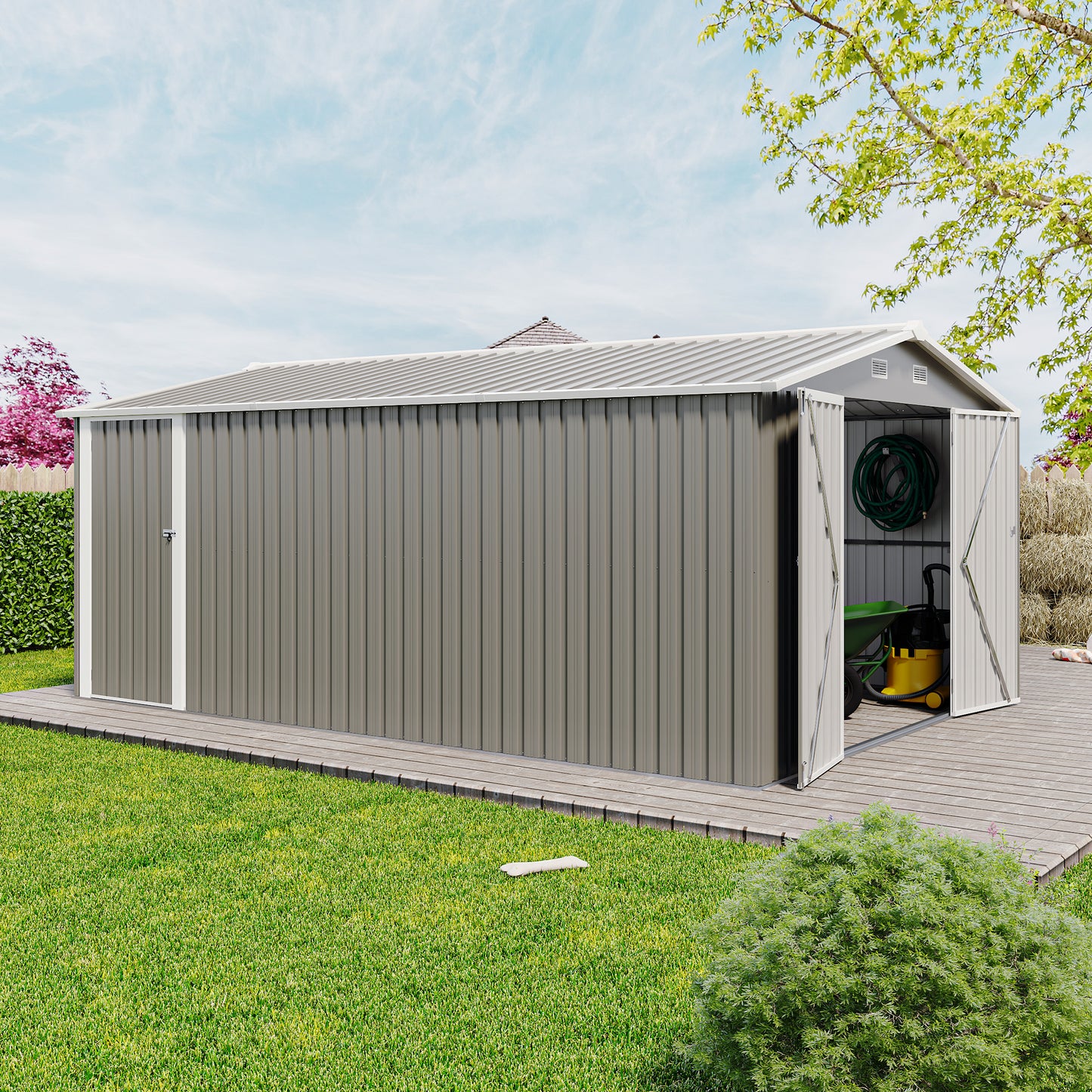 Outdoor Storage Shed 10×14 FT with 3 Lockable Doors,4 Air Vents & Sloped Roof,Utility Tool Shed Metal Storage Garden Sheds Frame and 4 Vents,for Backyard,Patio,Lawn,Light Grey