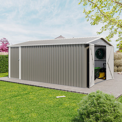 Outdoor Storage Shed 10×14 FT with 3 Lockable Doors,4 Air Vents & Sloped Roof,Utility Tool Shed Metal Storage Garden Sheds Frame and 4 Vents,for Backyard,Patio,Lawn,Light Grey