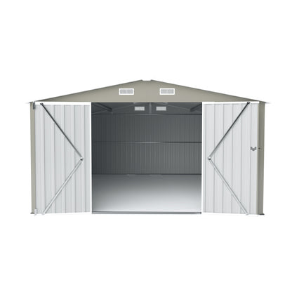 Outdoor Storage Shed 10×14 FT with 3 Lockable Doors,4 Air Vents & Sloped Roof,Utility Tool Shed Metal Storage Garden Sheds Frame and 4 Vents,for Backyard,Patio,Lawn,Light Grey