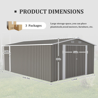 Outdoor Storage Shed 10×14 FT with 3 Lockable Doors,4 Air Vents & Sloped Roof,Utility Tool Shed Metal Storage Garden Sheds Frame and 4 Vents,for Backyard,Patio,Lawn,Light Grey