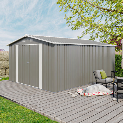 Outdoor Storage Shed 10×14 FT with 3 Lockable Doors,4 Air Vents & Sloped Roof,Utility Tool Shed Metal Storage Garden Sheds Frame and 4 Vents,for Backyard,Patio,Lawn,Light Grey