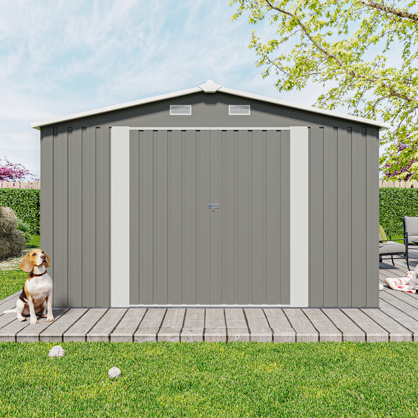 Outdoor Storage Shed 10×14 FT with 3 Lockable Doors,4 Air Vents & Sloped Roof,Utility Tool Shed Metal Storage Garden Sheds Frame and 4 Vents,for Backyard,Patio,Lawn,Light Grey
