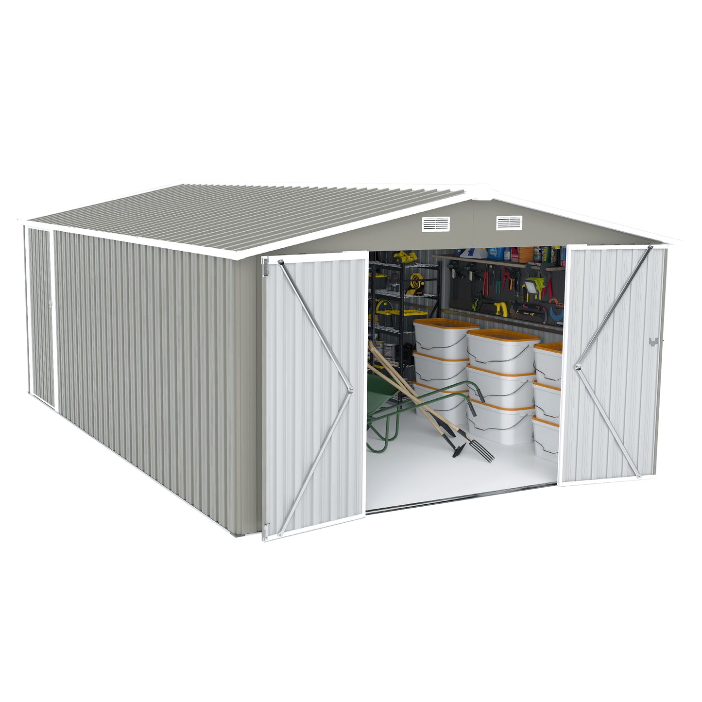 Outdoor Storage Shed 10×14 FT with 3 Lockable Doors,4 Air Vents & Sloped Roof,Utility Tool Shed Metal Storage Garden Sheds Frame and 4 Vents,for Backyard,Patio,Lawn,Light Grey