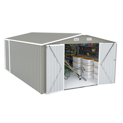 Outdoor Storage Shed 10×14 FT with 3 Lockable Doors,4 Air Vents & Sloped Roof,Utility Tool Shed Metal Storage Garden Sheds Frame and 4 Vents,for Backyard,Patio,Lawn,Light Grey