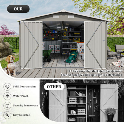Outdoor Storage Shed 10×14 FT with 3 Lockable Doors,4 Air Vents & Sloped Roof,Utility Tool Shed Metal Storage Garden Sheds Frame and 4 Vents,for Backyard,Patio,Lawn,Light Grey