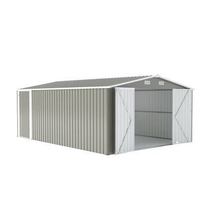 Outdoor Storage Shed 10×14 FT with 3 Lockable Doors,4 Air Vents & Sloped Roof,Utility Tool Shed Metal Storage Garden Sheds Frame and 4 Vents,for Backyard,Patio,Lawn,Light Grey