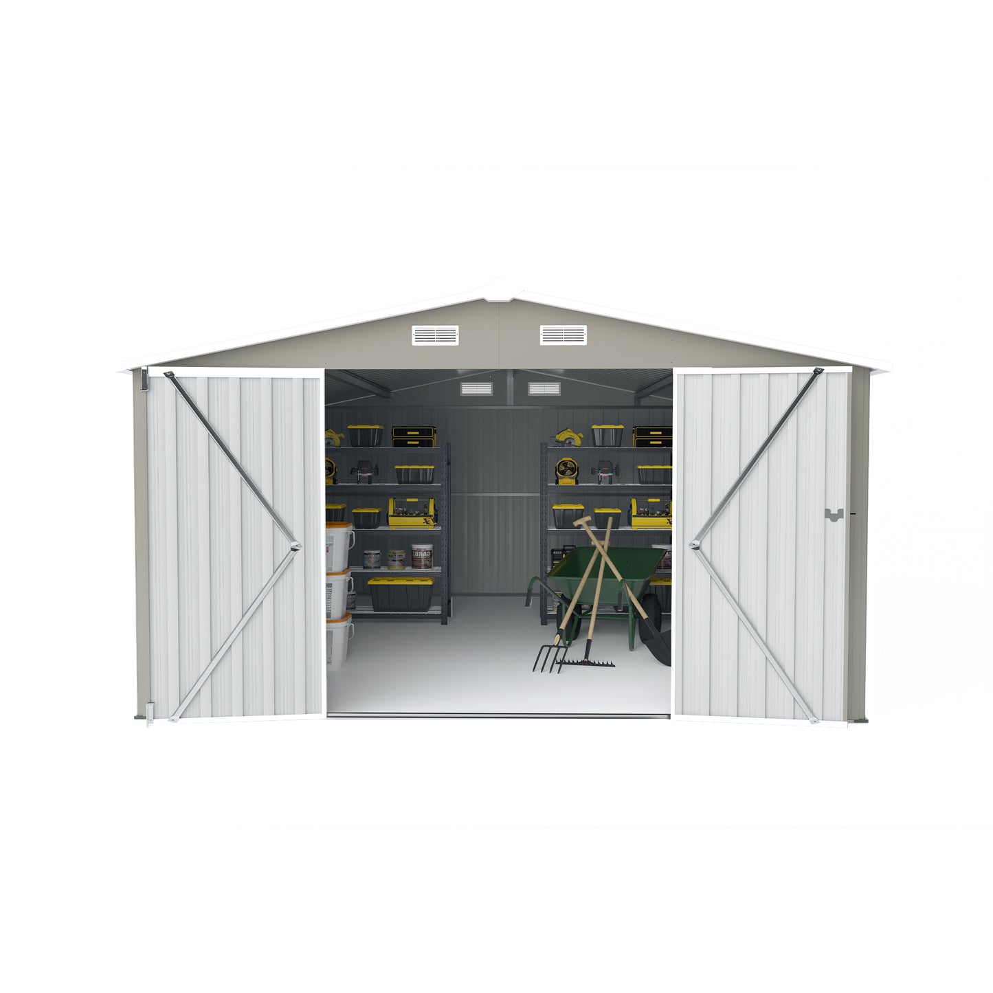 Outdoor Storage Shed 10×14 FT with 3 Lockable Doors,4 Air Vents & Sloped Roof,Utility Tool Shed Metal Storage Garden Sheds Frame and 4 Vents,for Backyard,Patio,Lawn,Light Grey