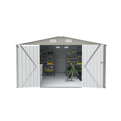 Outdoor Storage Shed 10×14 FT with 3 Lockable Doors,4 Air Vents & Sloped Roof,Utility Tool Shed Metal Storage Garden Sheds Frame and 4 Vents,for Backyard,Patio,Lawn,Light Grey