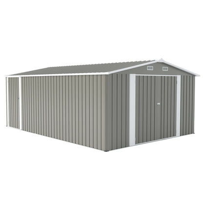 Outdoor Storage Shed 10×14 FT with 3 Lockable Doors,4 Air Vents & Sloped Roof,Utility Tool Shed Metal Storage Garden Sheds Frame and 4 Vents,for Backyard,Patio,Lawn,Light Grey