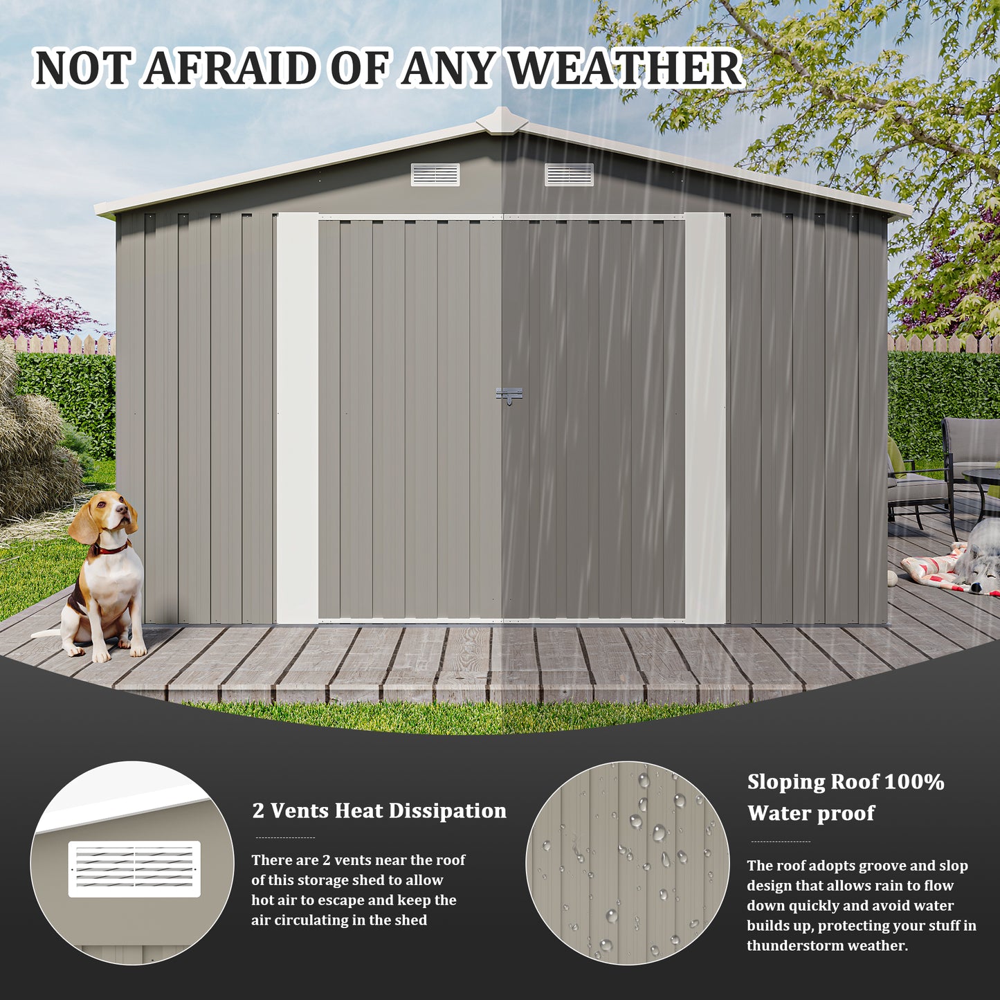 Outdoor Storage Shed 10×14 FT with 3 Lockable Doors,4 Air Vents & Sloped Roof,Utility Tool Shed Metal Storage Garden Sheds Frame and 4 Vents,for Backyard,Patio,Lawn,Light Grey