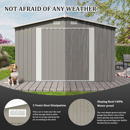 Outdoor Storage Shed 10×14 FT with 3 Lockable Doors,4 Air Vents & Sloped Roof,Utility Tool Shed Metal Storage Garden Sheds Frame and 4 Vents,for Backyard,Patio,Lawn,Light Grey