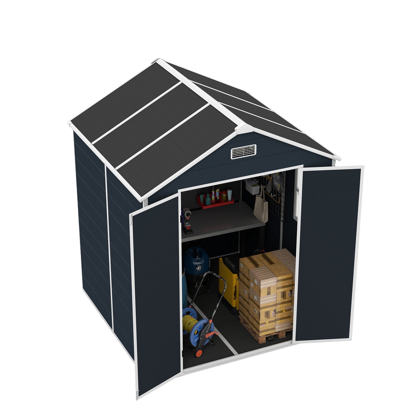 6*6ft resin storage shed, high quality pp material with Lockable Door,strong structure, waterproof, rust and UV proof, large storage space, 12mm thick pp board, HD window lighting Dark gray