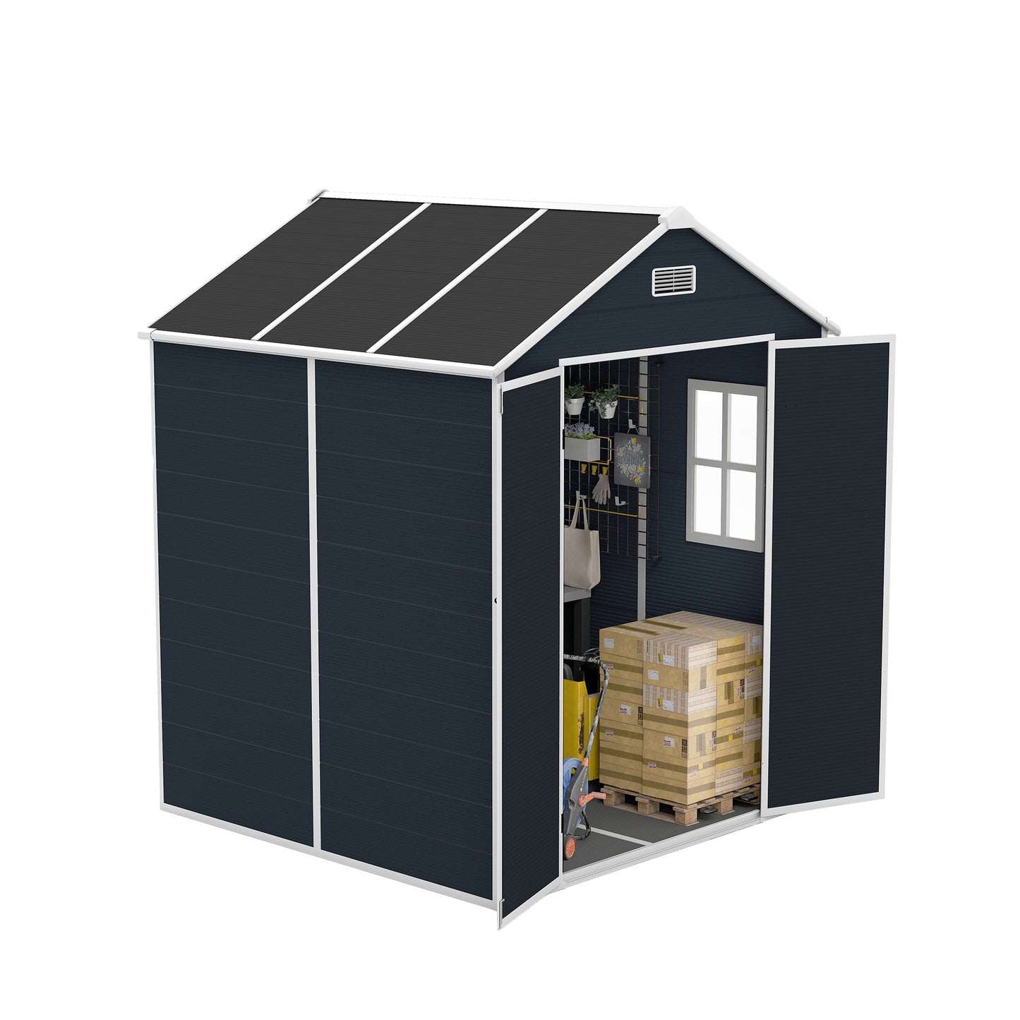 6*6ft resin storage shed, high quality pp material with Lockable Door,strong structure, waterproof, rust and UV proof, large storage space, 12mm thick pp board, HD window lighting Dark gray