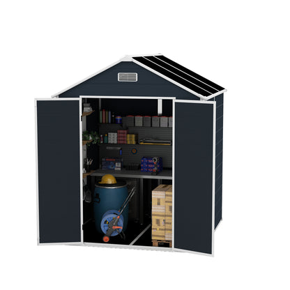6*6ft resin storage shed, high quality pp material with Lockable Door,strong structure, waterproof, rust and UV proof, large storage space, 12mm thick pp board, HD window lighting Dark gray