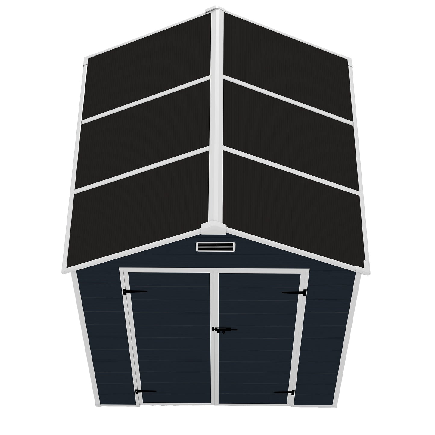 6*6ft resin storage shed, high quality pp material with Lockable Door,strong structure, waterproof, rust and UV proof, large storage space, 12mm thick pp board, HD window lighting Dark gray