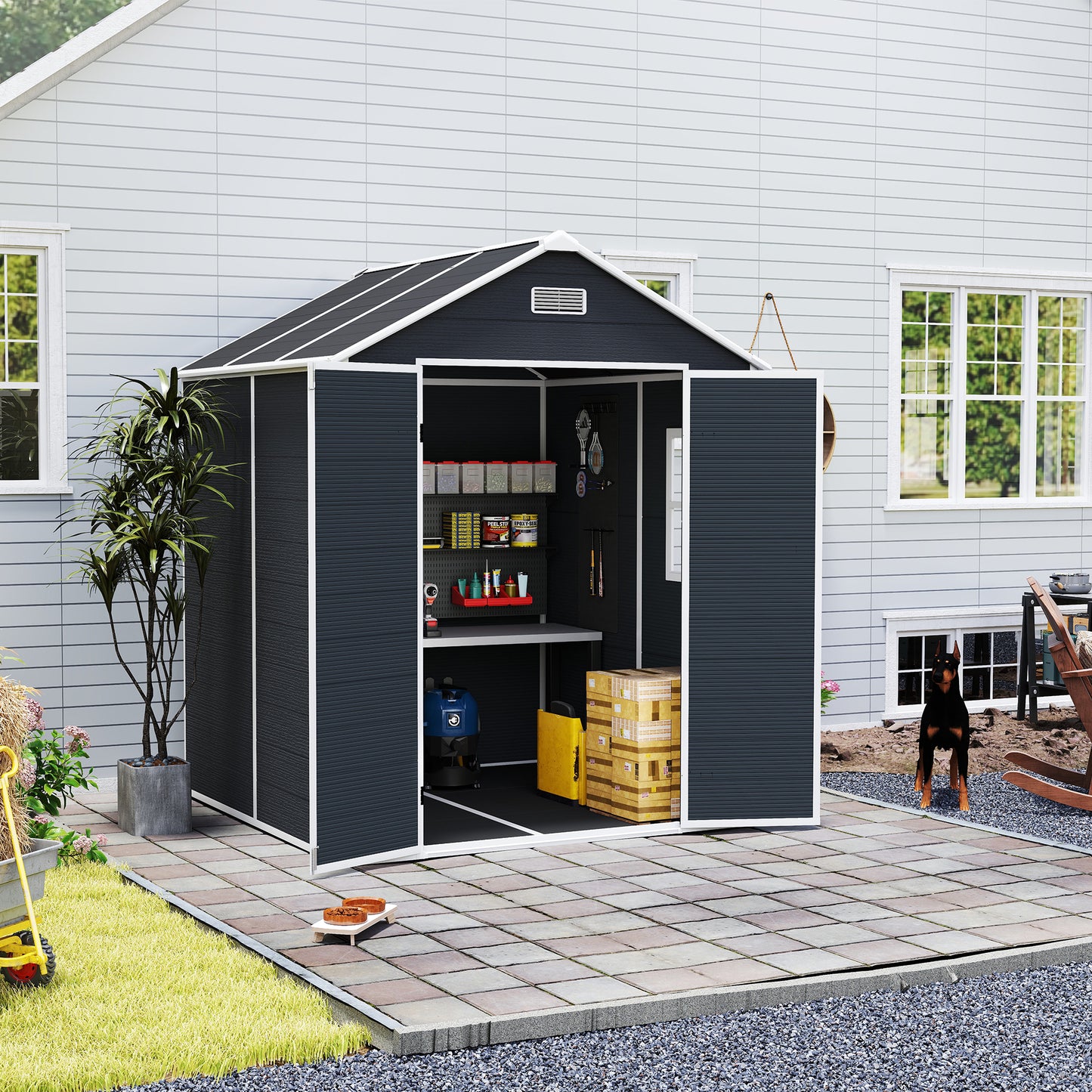 6*6ft resin storage shed, high quality pp material with Lockable Door,strong structure, waterproof, rust and UV proof, large storage space, 12mm thick pp board, HD window lighting Dark gray