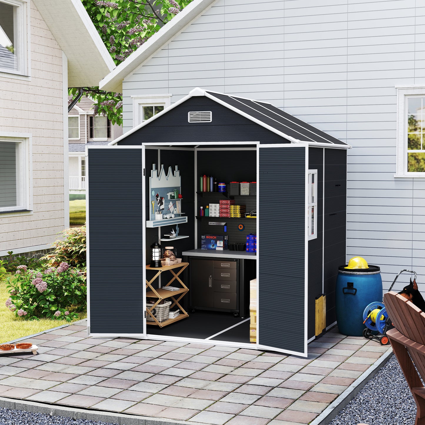 6*6ft resin storage shed, high quality pp material with Lockable Door,strong structure, waterproof, rust and UV proof, large storage space, 12mm thick pp board, HD window lighting Dark gray