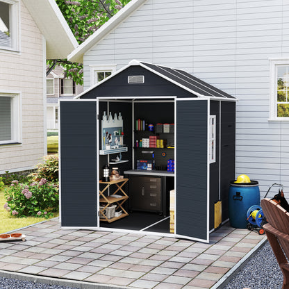 6*6ft resin storage shed, high quality pp material with Lockable Door,strong structure, waterproof, rust and UV proof, large storage space, 12mm thick pp board, HD window lighting Dark gray