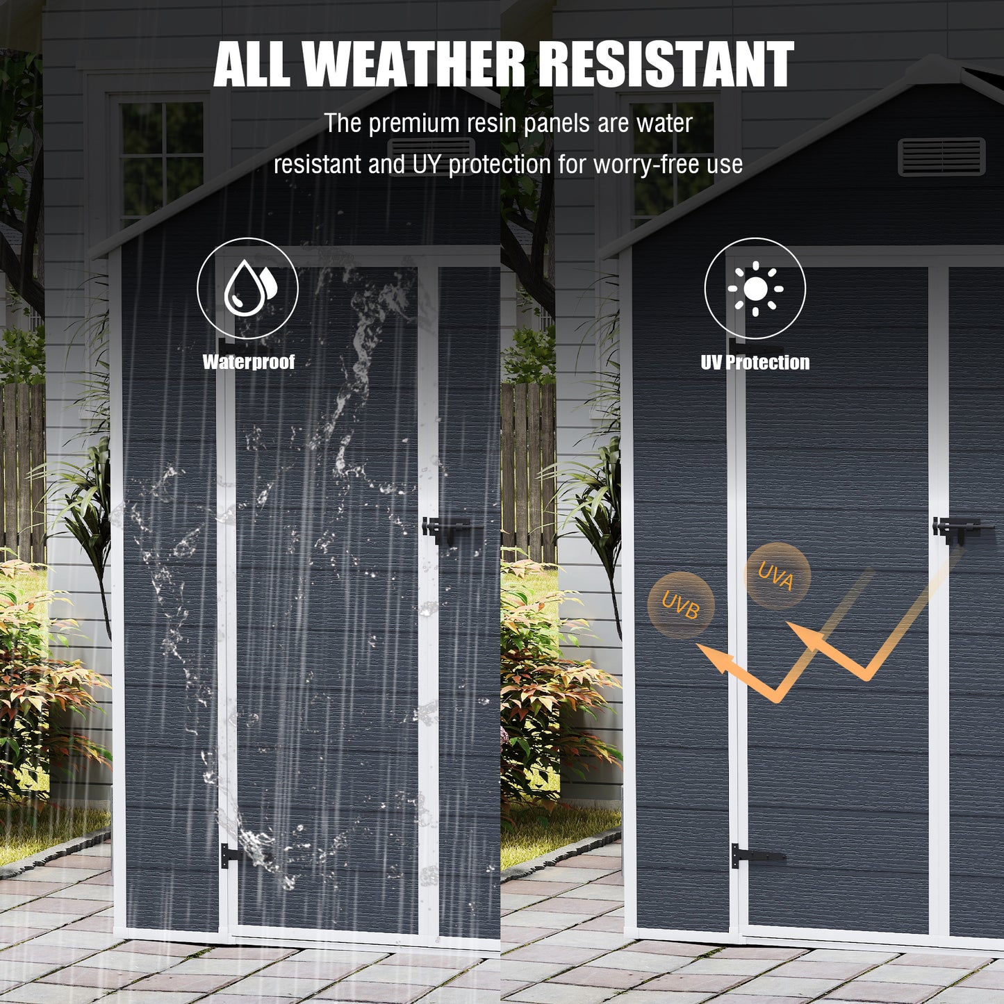 6*6ft resin storage shed, high quality pp material with Lockable Door,strong structure, waterproof, rust and UV proof, large storage space, 12mm thick pp board, HD window lighting Dark gray