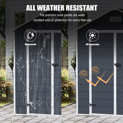 6*6ft resin storage shed, high quality pp material with Lockable Door,strong structure, waterproof, rust and UV proof, large storage space, 12mm thick pp board, HD window lighting Dark gray