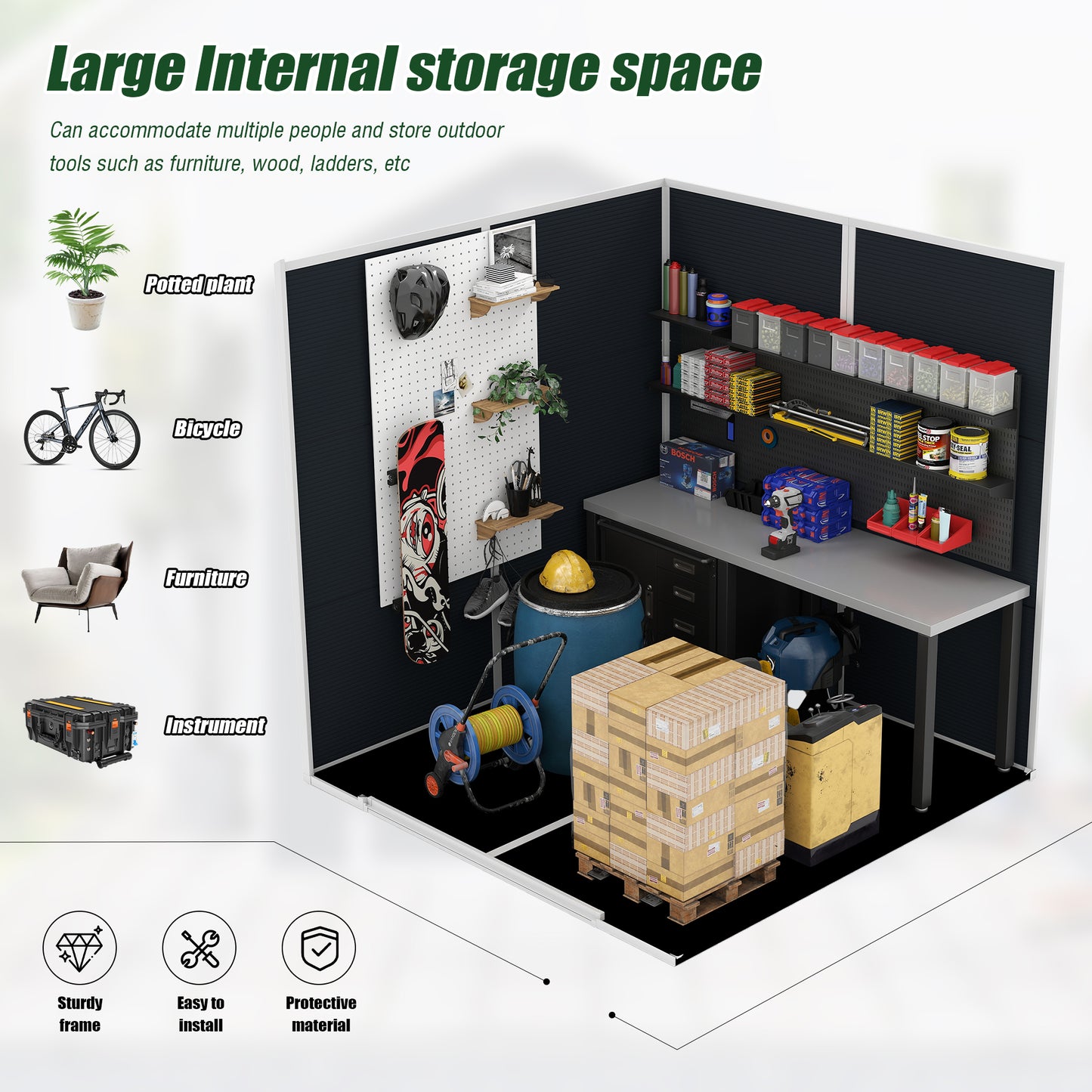 6*6ft resin storage shed, high quality pp material with Lockable Door,strong structure, waterproof, rust and UV proof, large storage space, 12mm thick pp board, HD window lighting Dark gray