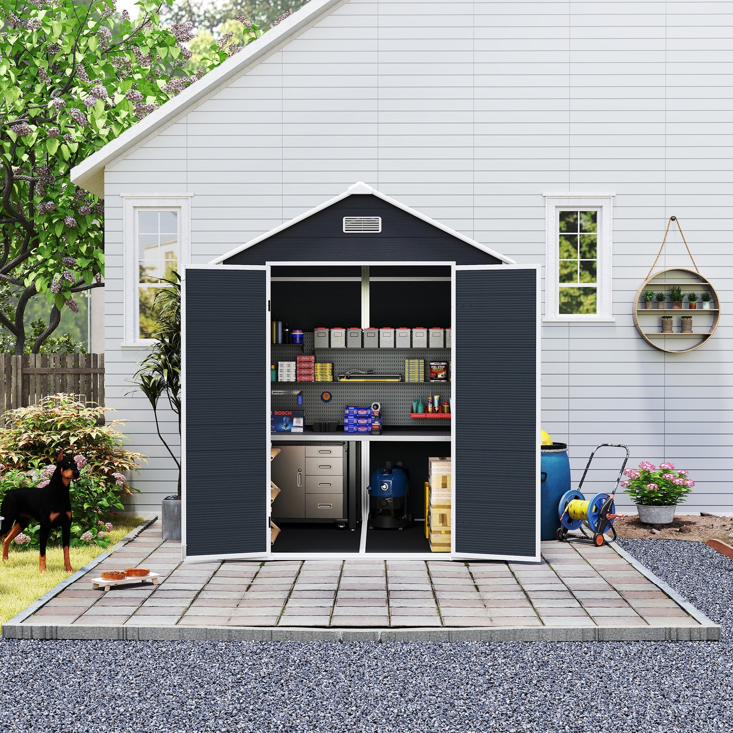 6*6ft resin storage shed, high quality pp material with Lockable Door,strong structure, waterproof, rust and UV proof, large storage space, 12mm thick pp board, HD window lighting Dark gray