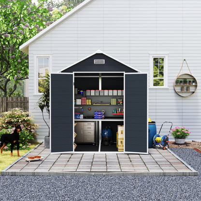 6*6ft resin storage shed, high quality pp material with Lockable Door,strong structure, waterproof, rust and UV proof, large storage space, 12mm thick pp board, HD window lighting Dark gray