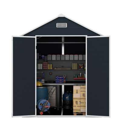 6*6ft resin storage shed, high quality pp material with Lockable Door,strong structure, waterproof, rust and UV proof, large storage space, 12mm thick pp board, HD window lighting Dark gray