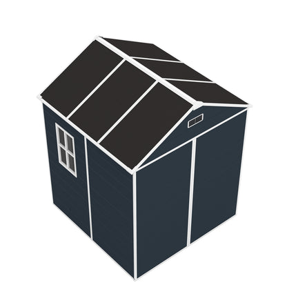 6*6ft resin storage shed, high quality pp material with Lockable Door,strong structure, waterproof, rust and UV proof, large storage space, 12mm thick pp board, HD window lighting Dark gray