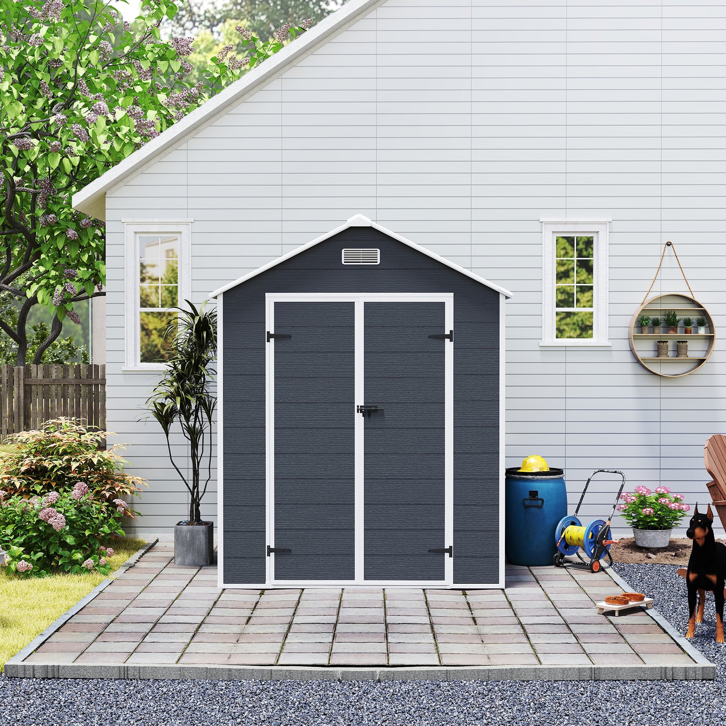 6*6ft resin storage shed, high quality pp material with Lockable Door,strong structure, waterproof, rust and UV proof, large storage space, 12mm thick pp board, HD window lighting Dark gray