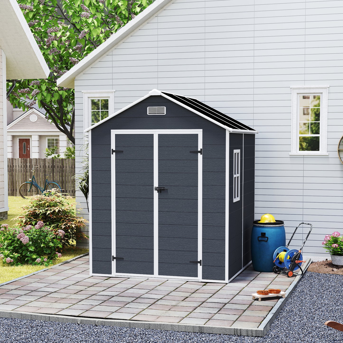 6*6ft resin storage shed, high quality pp material with Lockable Door,strong structure, waterproof, rust and UV proof, large storage space, 12mm thick pp board, HD window lighting Dark gray