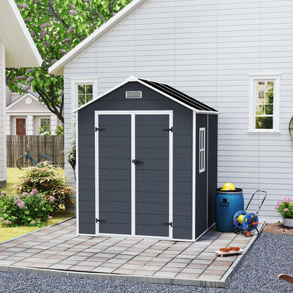 6*6ft resin storage shed, high quality pp material with Lockable Door,strong structure, waterproof, rust and UV proof, large storage space, 12mm thick pp board, HD window lighting Dark gray