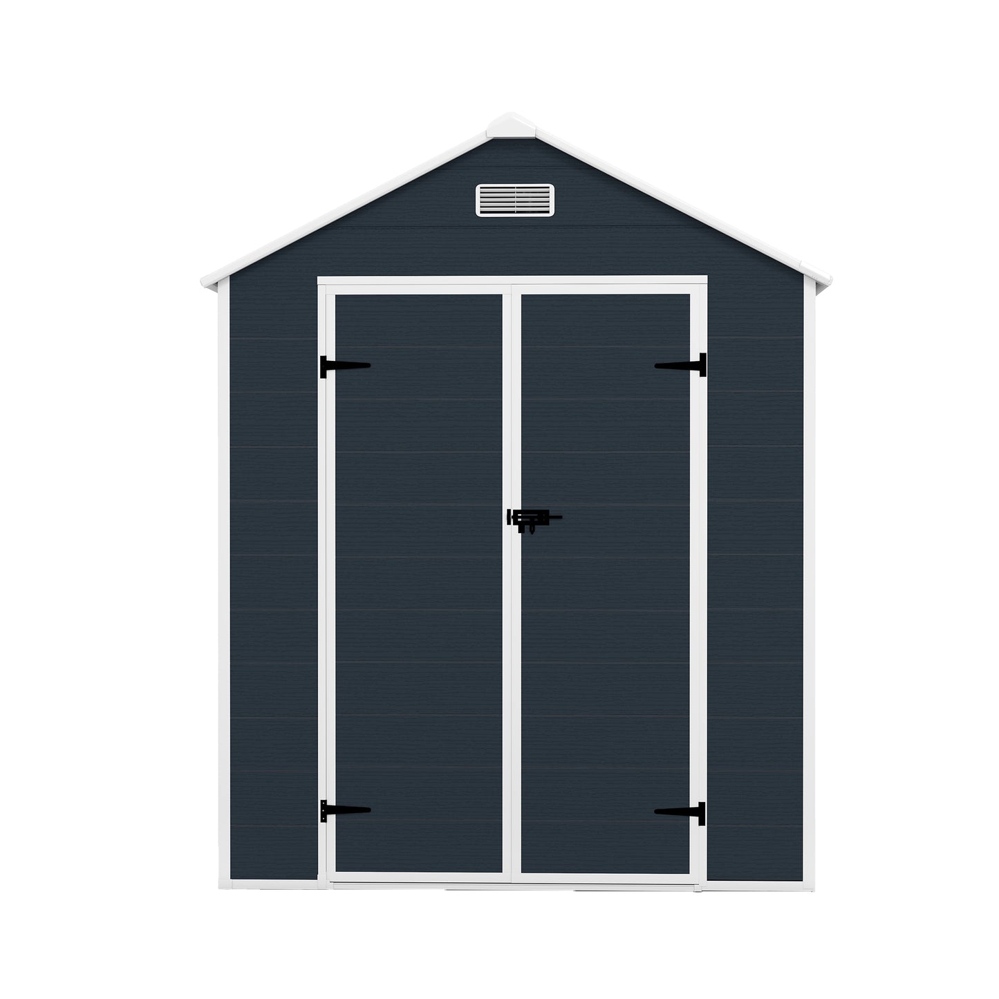 6*6ft resin storage shed, high quality pp material with Lockable Door,strong structure, waterproof, rust and UV proof, large storage space, 12mm thick pp board, HD window lighting Dark gray