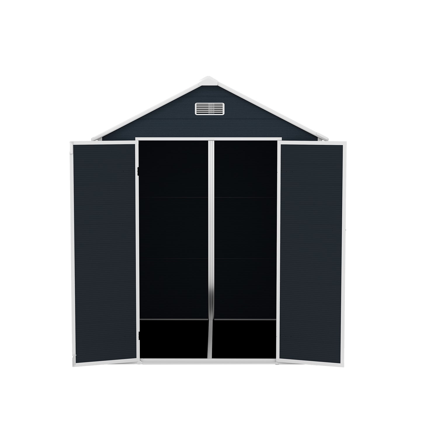 6*6ft resin storage shed, high quality pp material with Lockable Door,strong structure, waterproof, rust and UV proof, large storage space, 12mm thick pp board, HD window lighting Dark gray