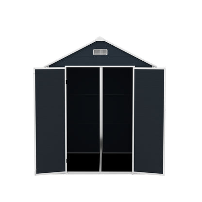 6*6ft resin storage shed, high quality pp material with Lockable Door,strong structure, waterproof, rust and UV proof, large storage space, 12mm thick pp board, HD window lighting Dark gray